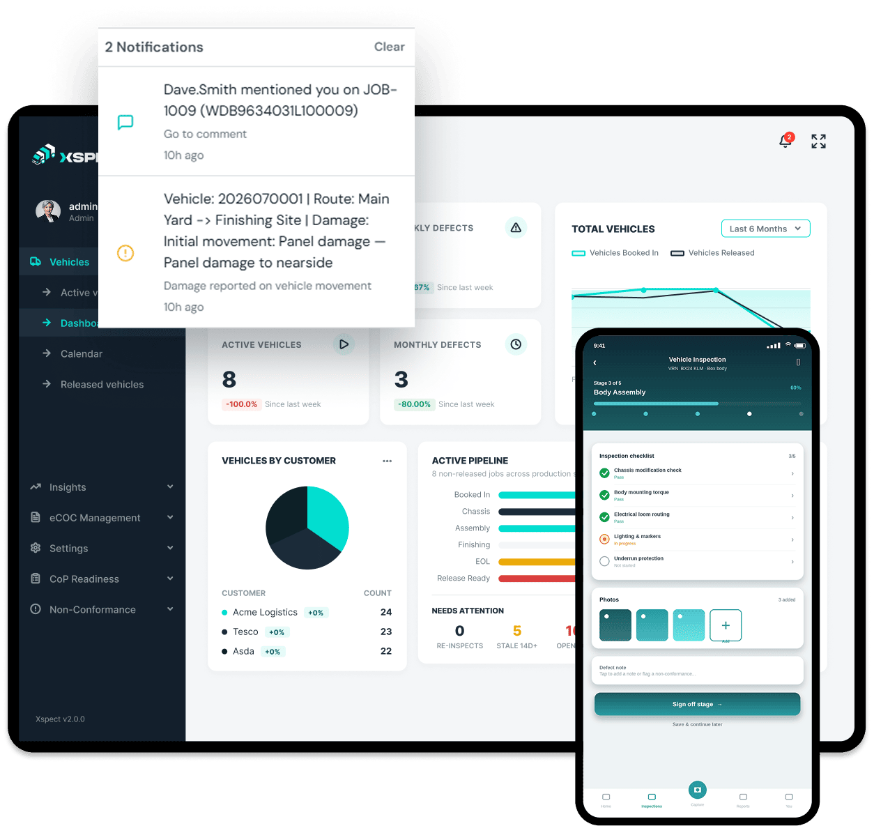 Xspect dashboard, live notifications and mobile inspection capture