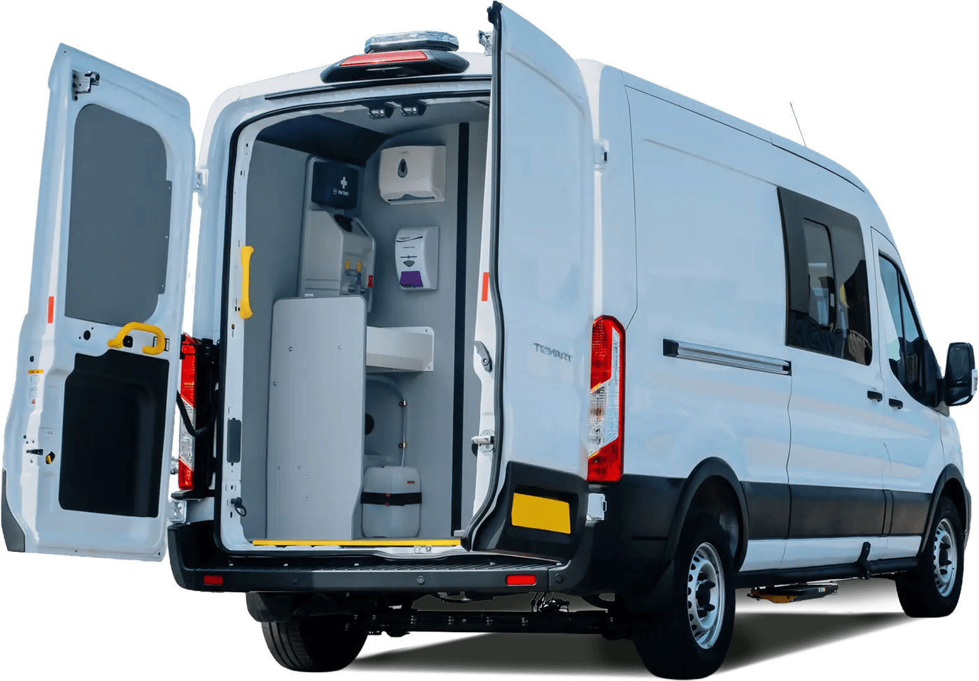 Completed vehicle conversion with rear doors open and inspection checkpoints