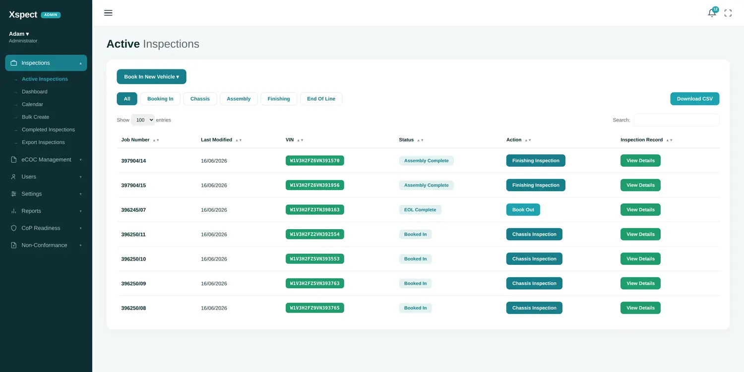 Xspect inspections dashboard on tablet